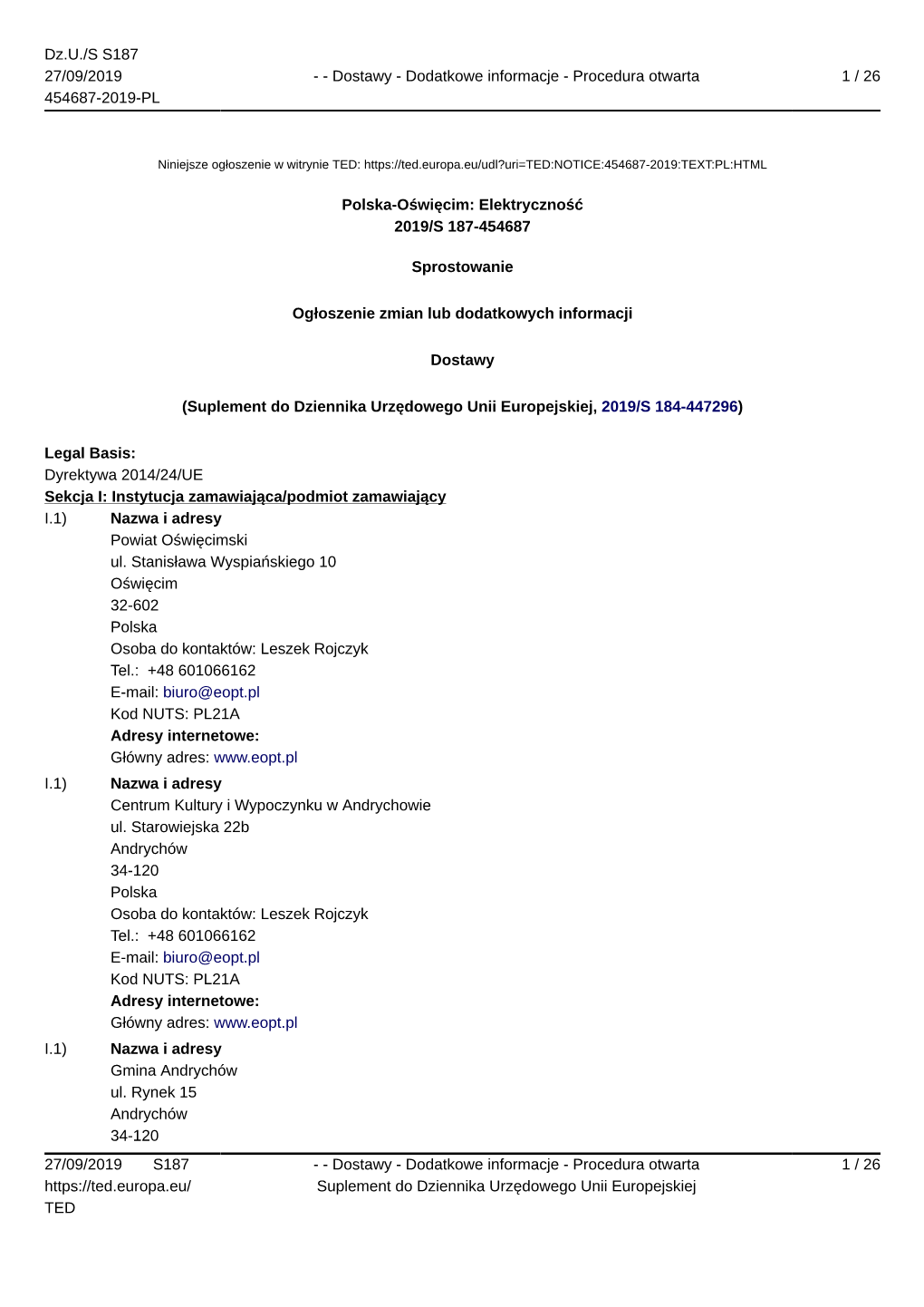 Polska-Oświęcim: Elektryczność 2019/S 187-454687