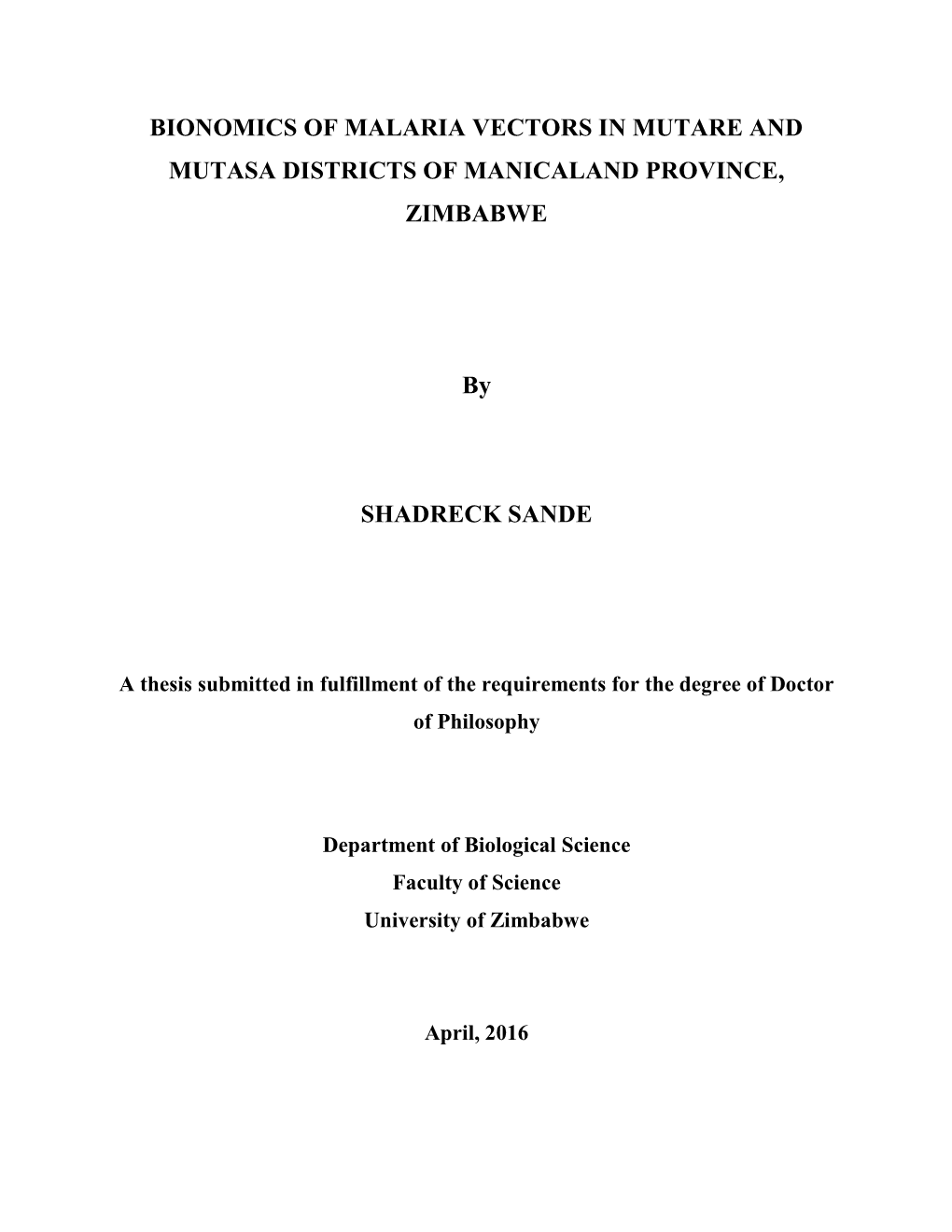 Bionomics of Malaria Vectors in Mutare and Mutasa Districts of Manicaland Province, Zimbabwe