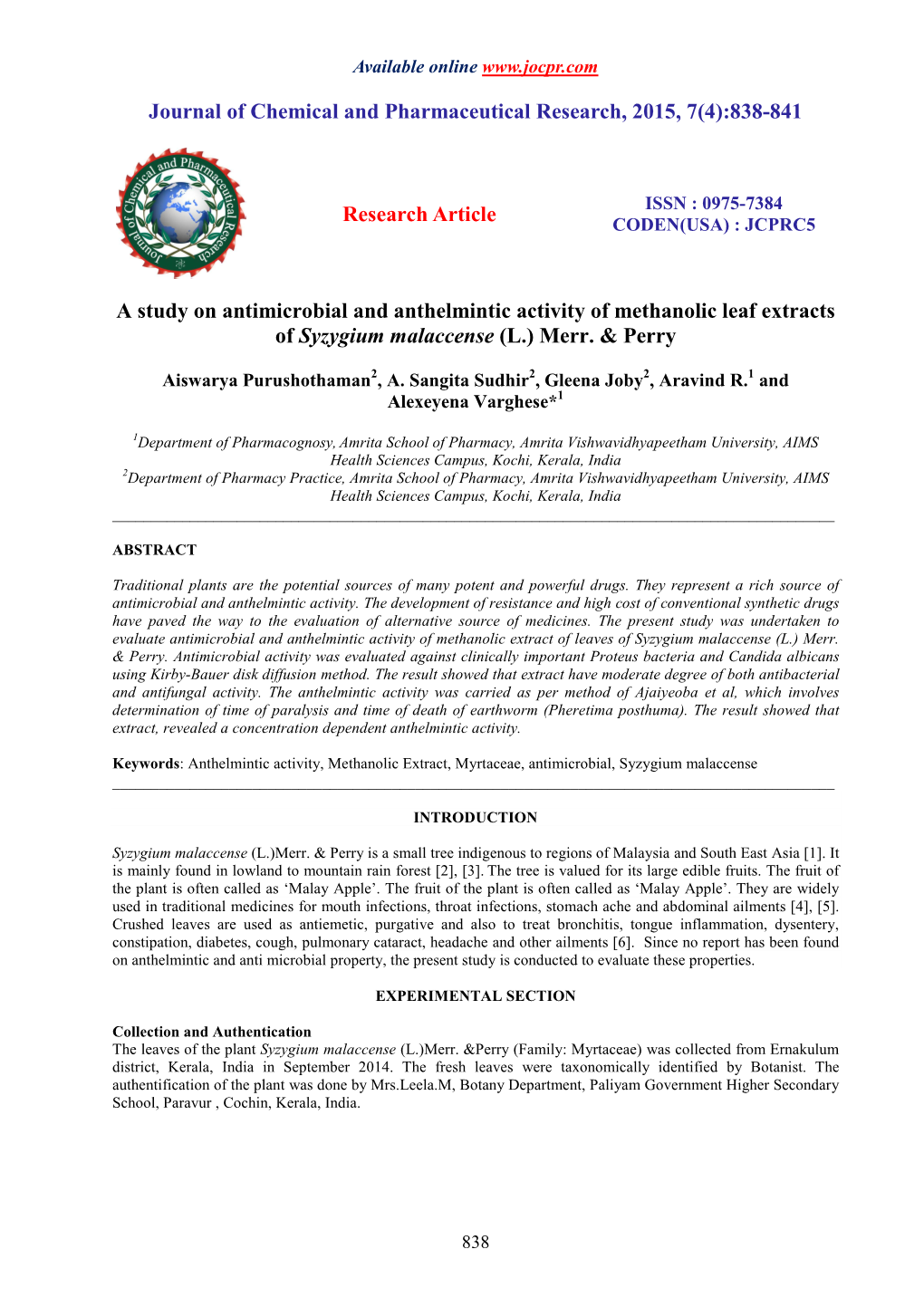 838-841 Research Article a Study on Antimicrobial and Anthelmint