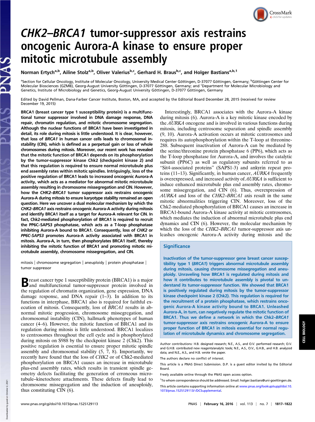 CHK2–BRCA1 Tumor-Suppressor Axis Restrains Oncogenic Aurora-A Kinase to Ensure Proper Mitotic Microtubule Assembly