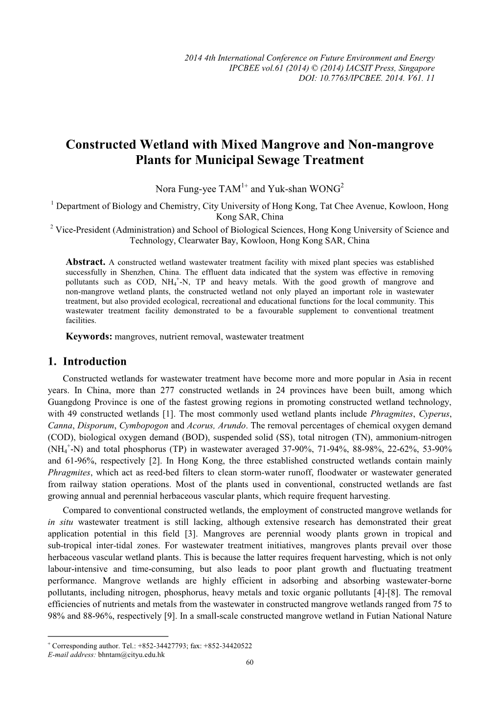 Constructed Wetland with Mixed Mangrove and Non-Mangrove Plants for Municipal Sewage Treatment