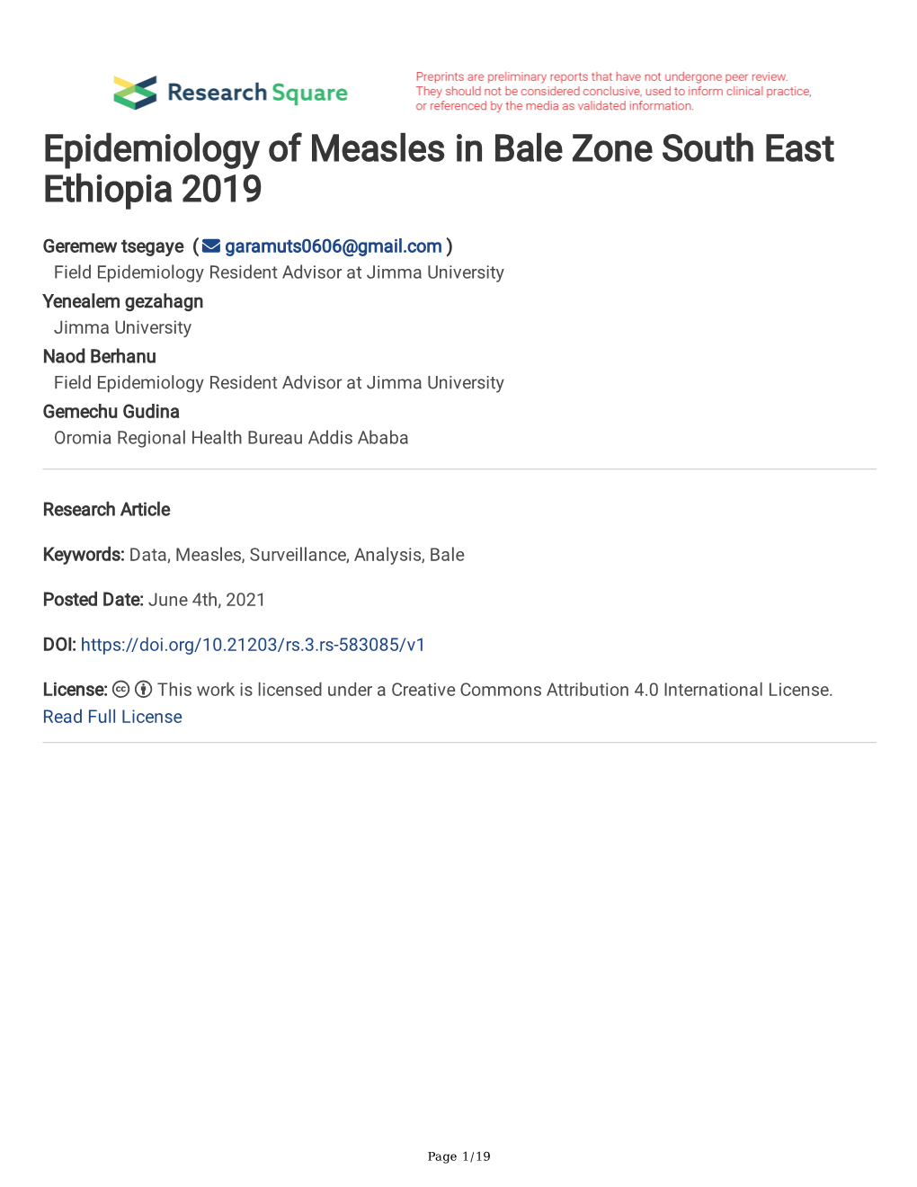 Epidemiology of Measles in Bale Zone South East Ethiopia 2019