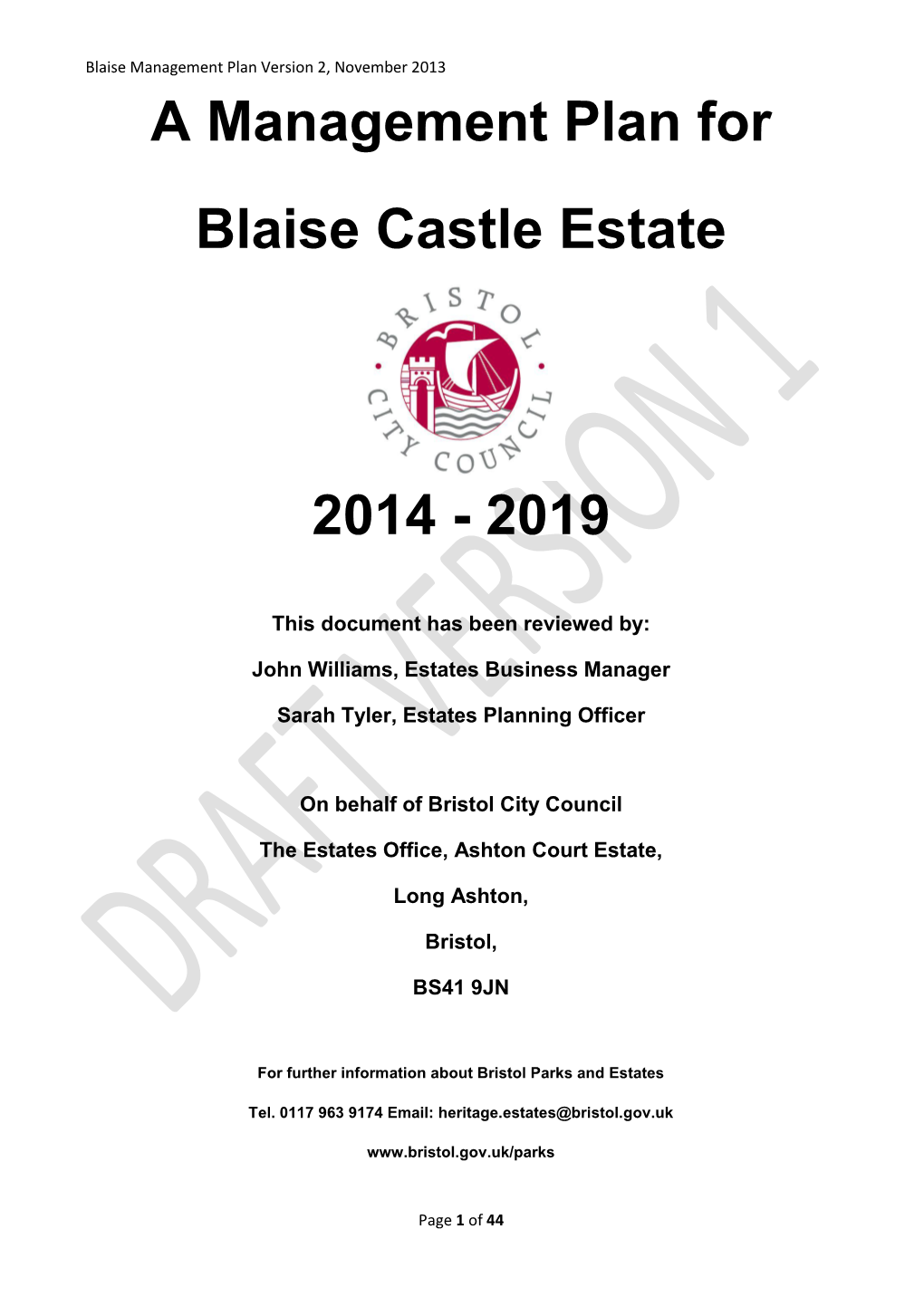 A Management Plan for Blaise Castle Estate 2014