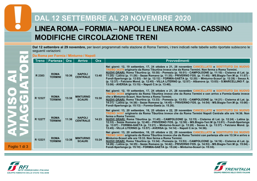 Dal 12 Settembre Al 29 Novembre 2020 Linea Roma – Formia – Napoli E Linea Roma - Cassino Modifiche Circolazione Treni