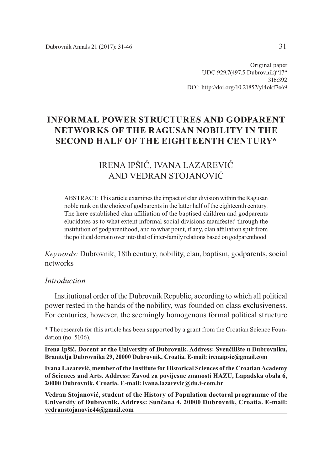 Informal Power Structures and Godparent Networks of the Ragusan Nobility in the Second Half of the Eighteenth Century*