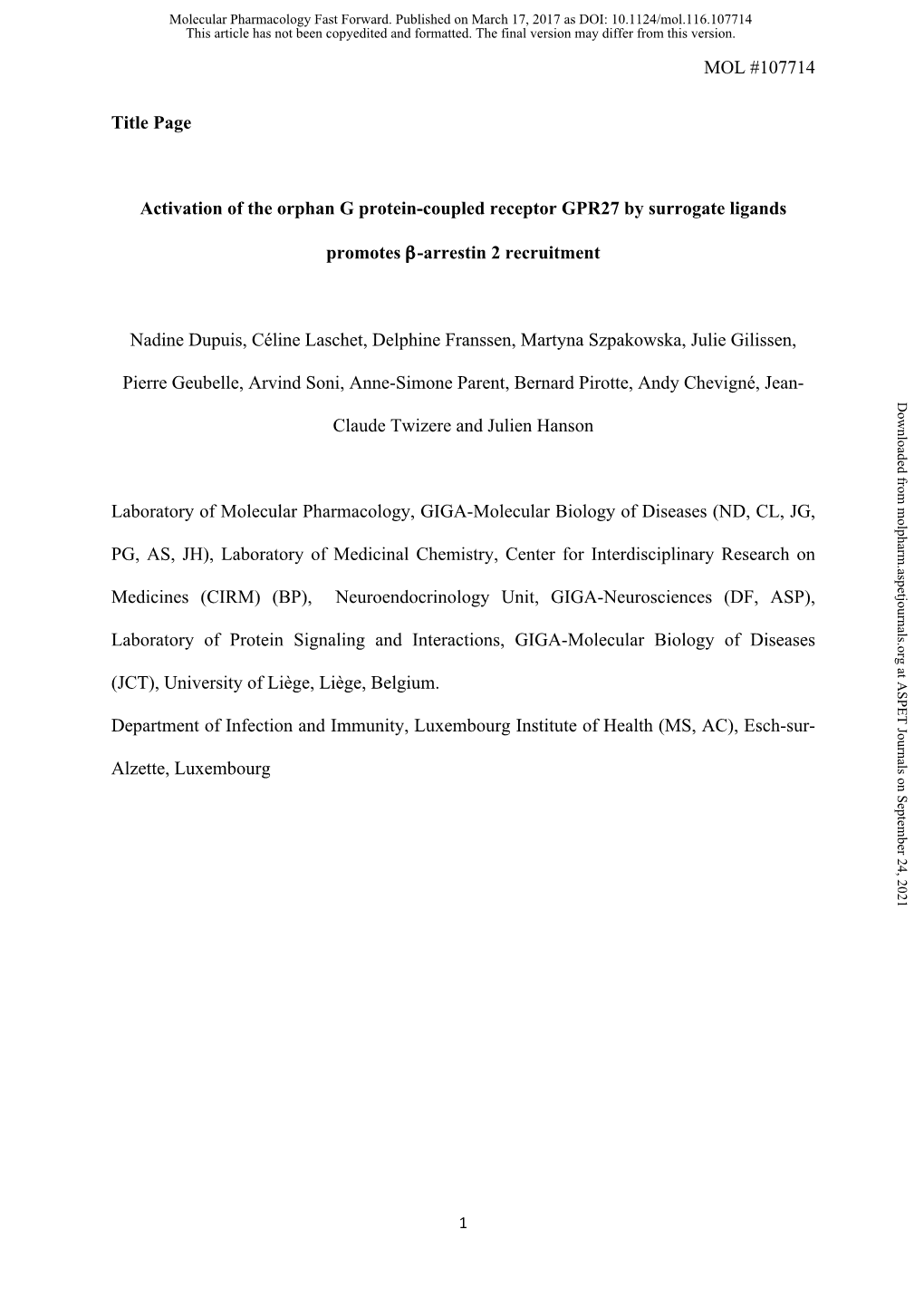 Activation of the Orphan G Protein-Coupled Receptor GPR27 by Surrogate Ligands