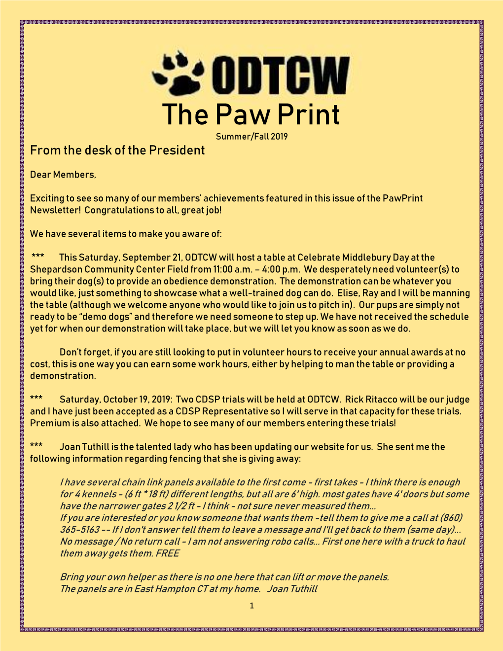 The Paw Print Summer/Fall 2019 from the Desk of the President