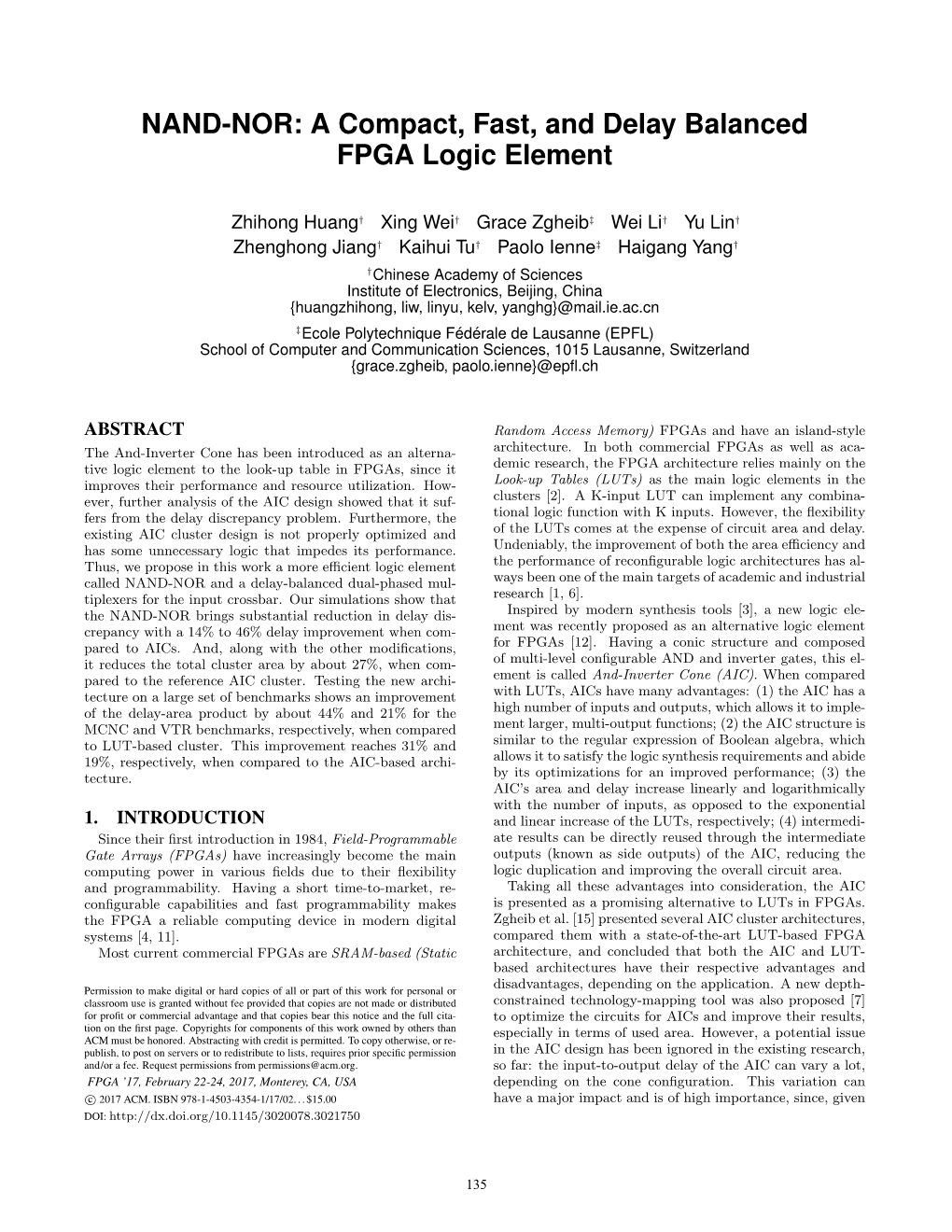 NAND-NOR: a Compact, Fast, and Delay Balanced FPGA Logic Element