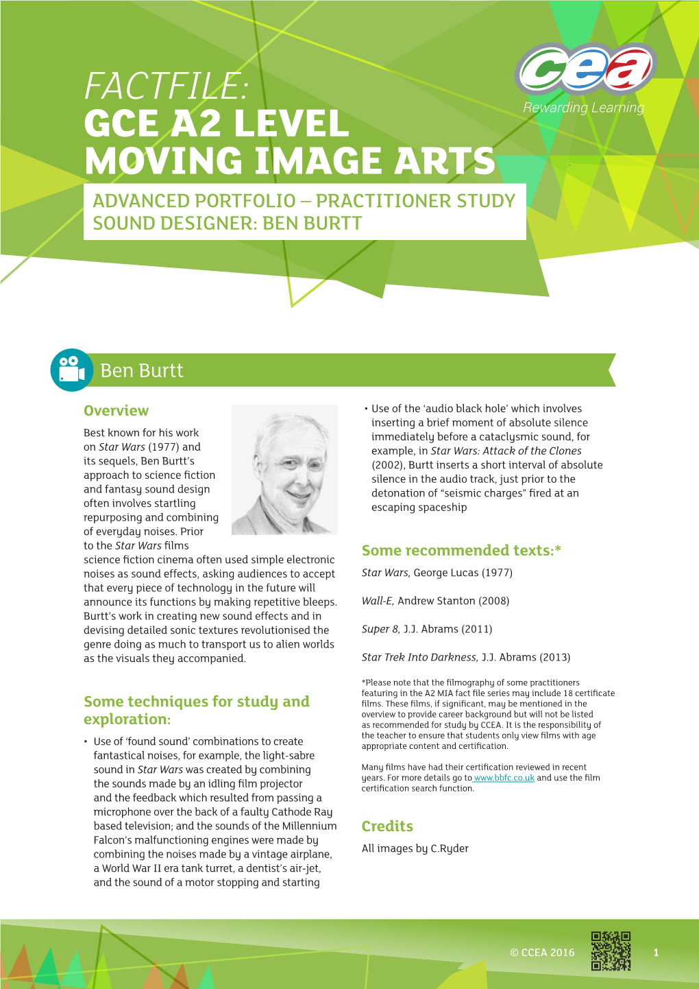 Gce A2 Level Moving Image Arts Advanced Portfolio – Practitioner Study Sound Designer: Ben Burtt