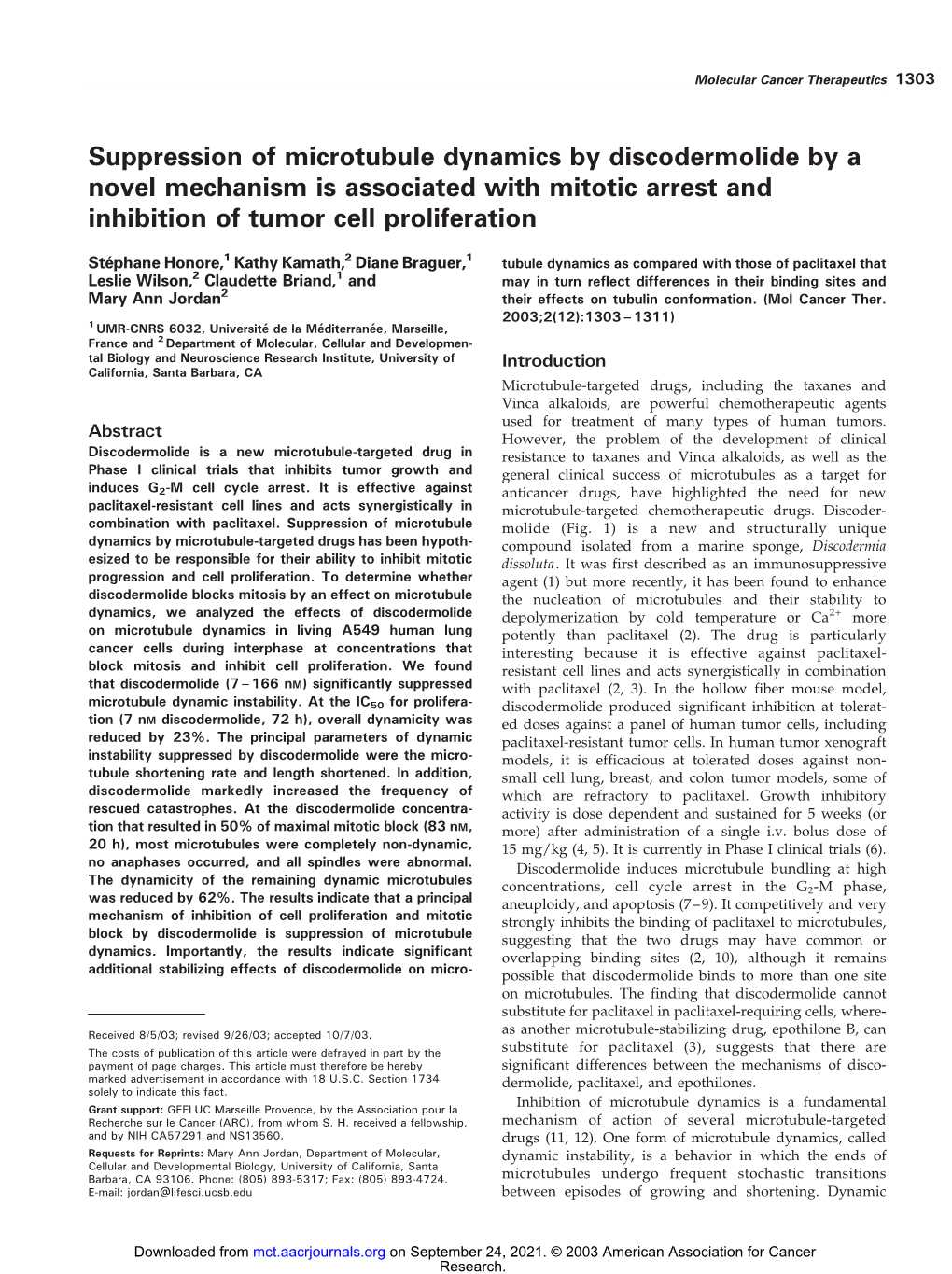 Suppression of Microtubule Dynamics by Discodermolide by a Novel Mechanism Is Associated with Mitotic Arrest and Inhibition of Tumor Cell Proliferation