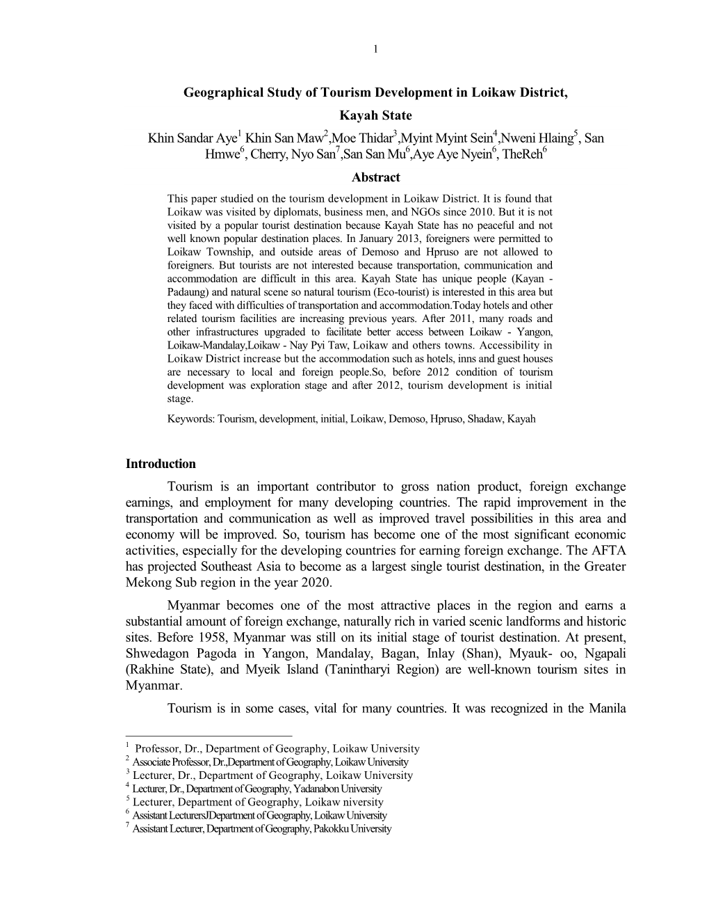 Geographical Study of Tourism Development in Loikaw District