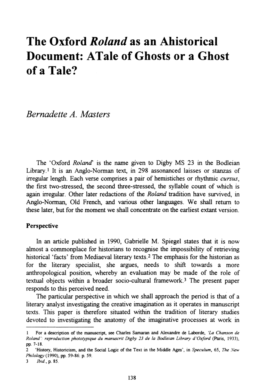 The Oxford Roland As an Ahistorical Document: Atale of Ghosts Or a Ghost of a Tale?