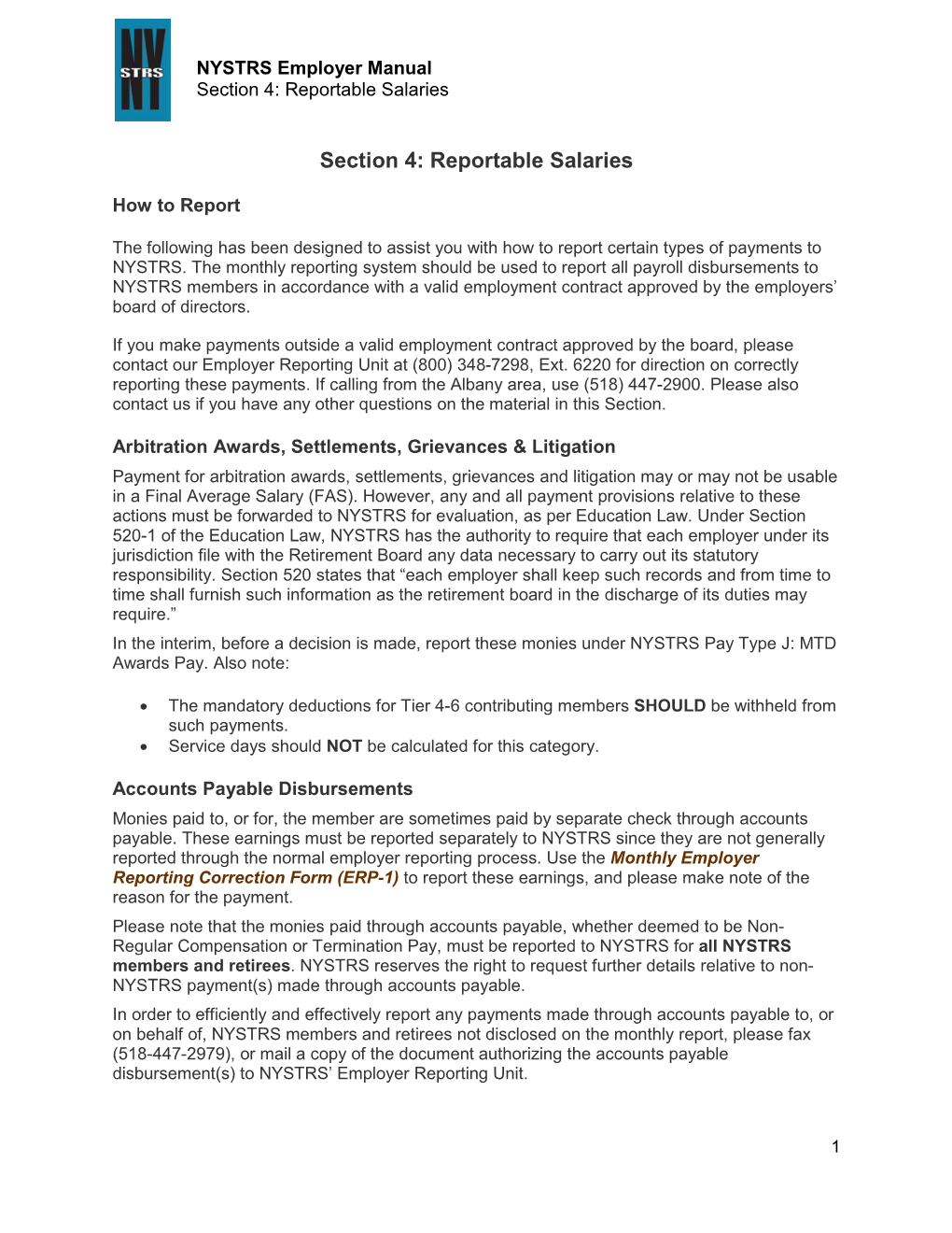 NYSTRS Employer Manual Section 4: Reportable Salaries