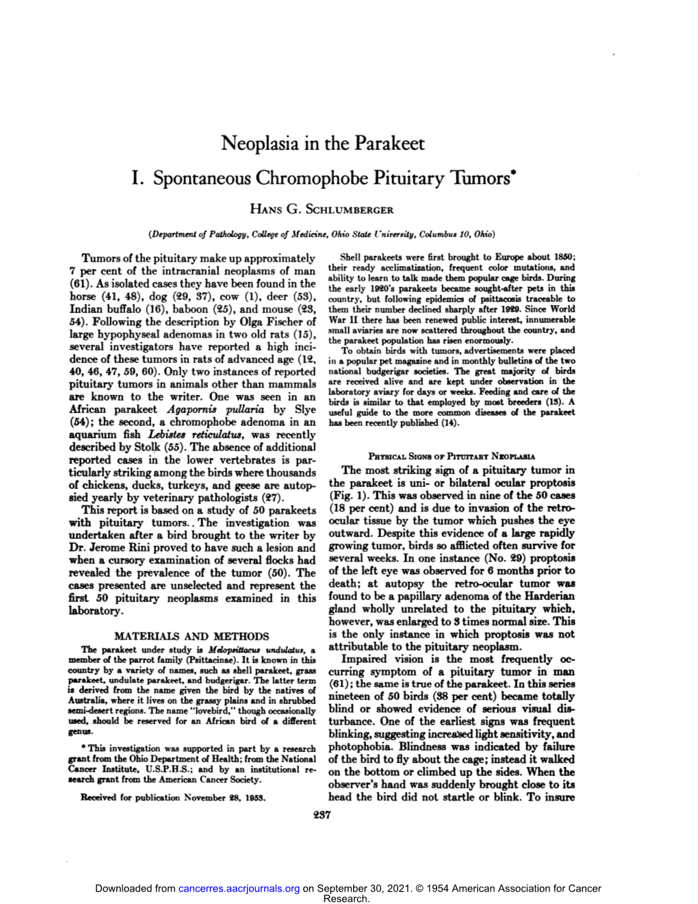 I. Spontaneous Chromophobe Pituitary Tumors* Neoplasia in the Parakeet