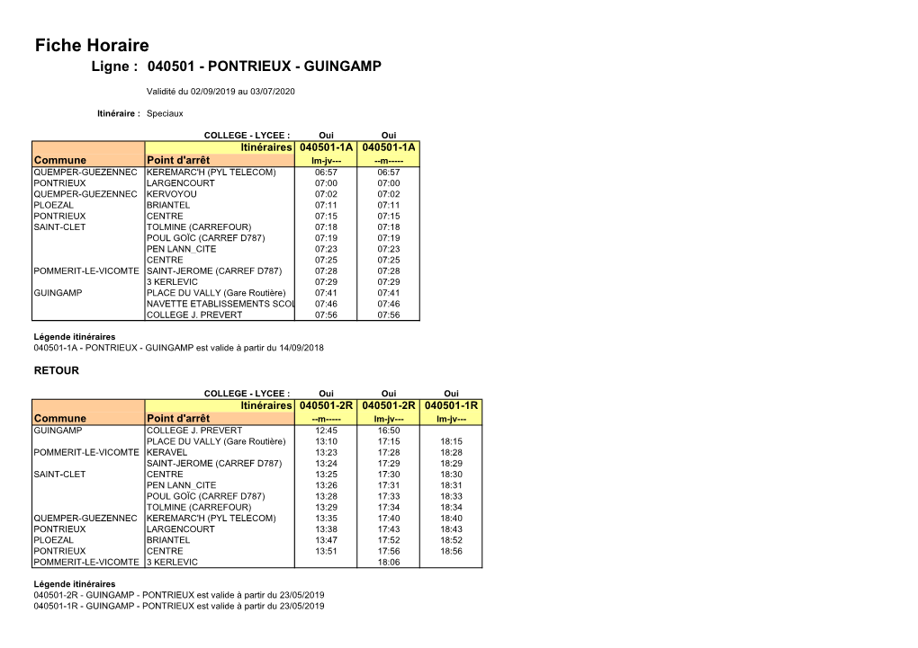 Fiche Horaire Ligne : 040501 - PONTRIEUX - GUINGAMP