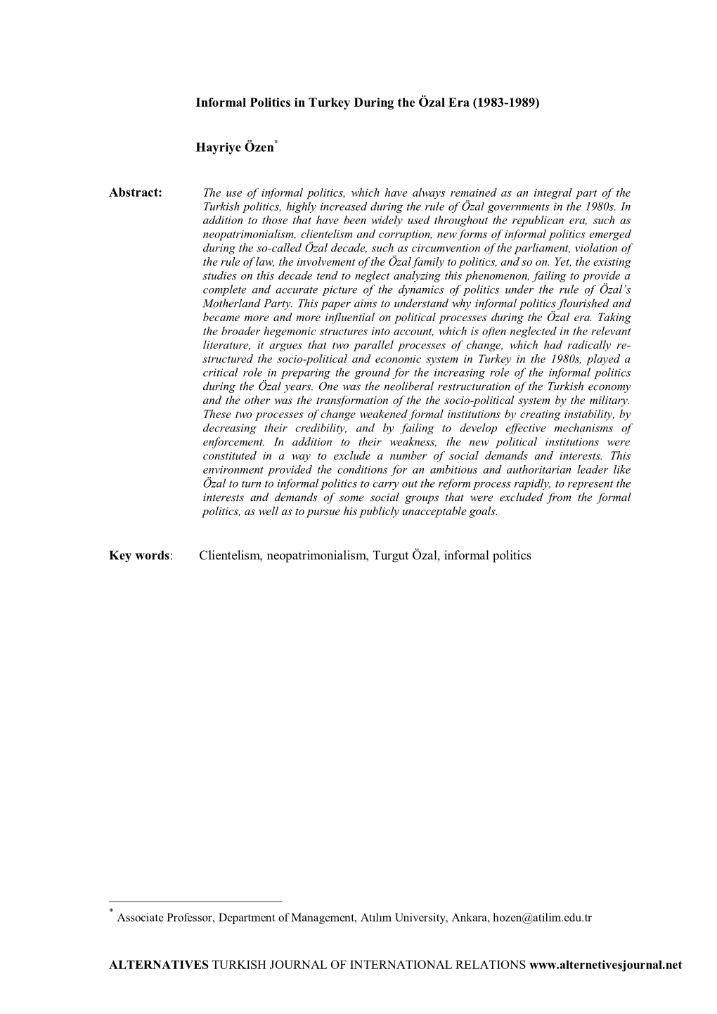 Informal Politics in Turkey During the Özal Era (1983-1989)