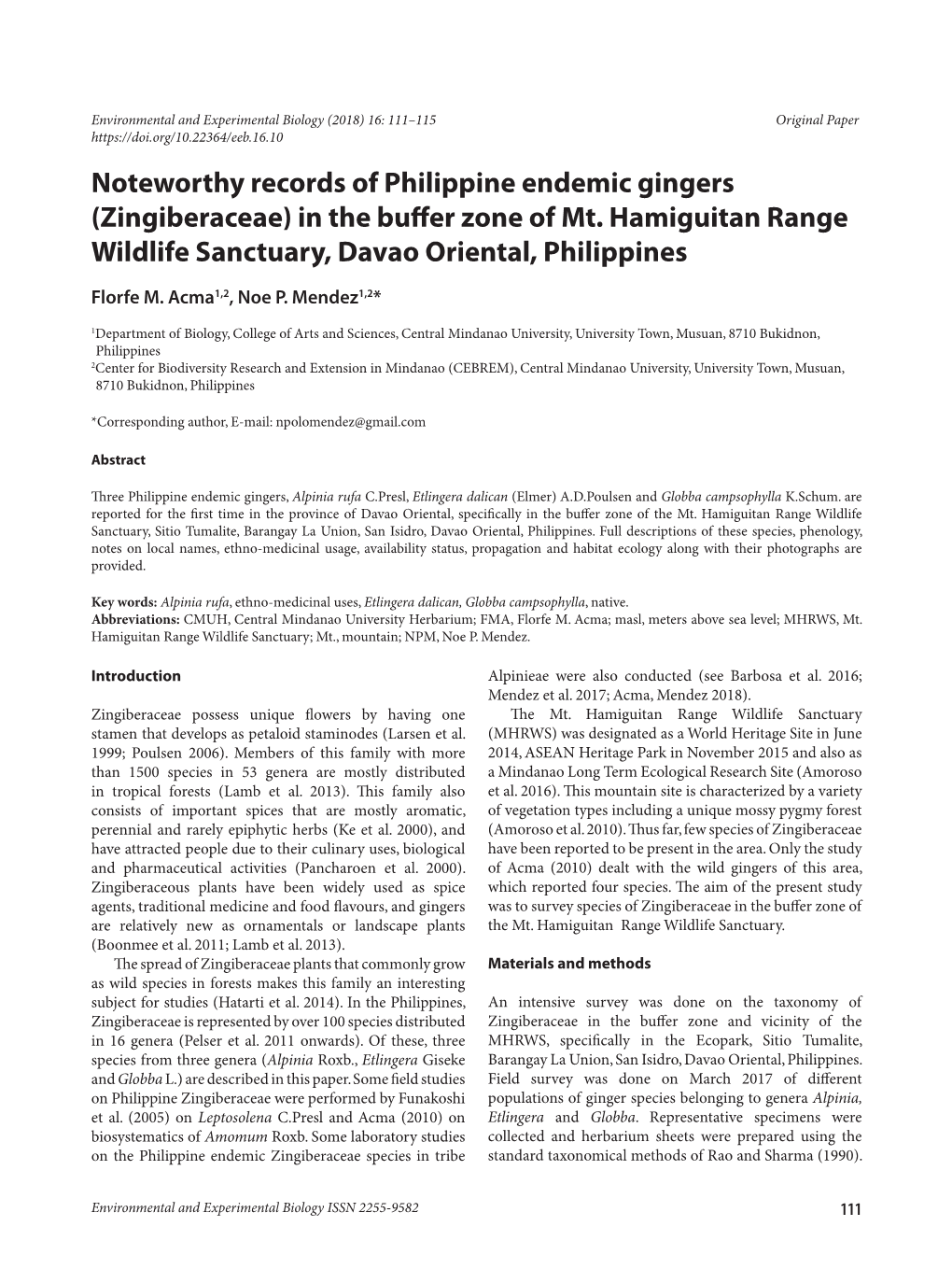 Noteworthy Records of Philippine Endemic Gingers (Zingiberaceae) in the Buffer Zone of Mt