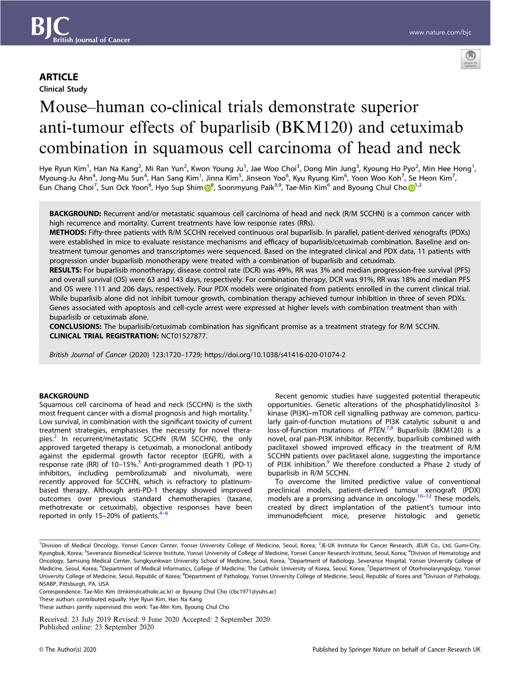 Human Co-Clinical Trials Demonstrate Superior Anti-Tumour Effects of Buparlisib (BKM120) and Cetuximab Combination in Squamous Cell Carcinoma of Head and Neck