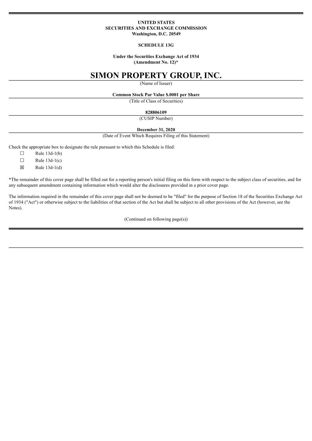 SIMON PROPERTY GROUP, INC. (Name of Issuer)