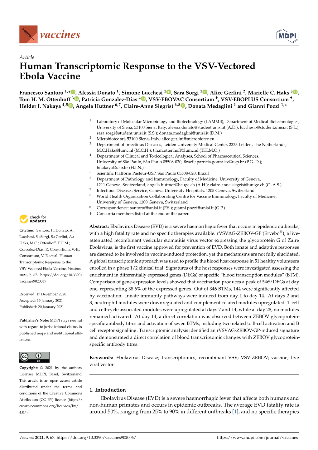 Human Transcriptomic Response to the VSV-Vectored Ebola Vaccine