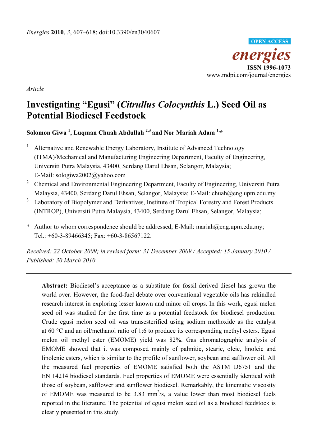 Investigating “Egusi” (Citrullus Colocynthis L.) Seed Oil As Potential Biodiesel Feedstock