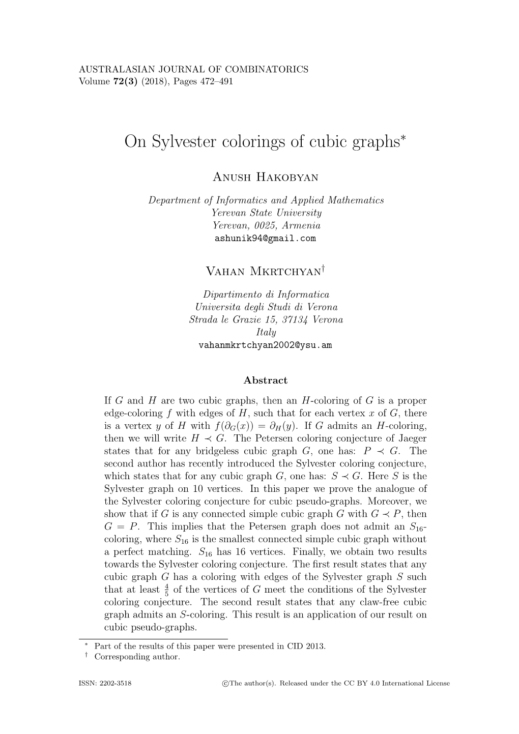 On Sylvester Colorings of Cubic Graphs∗