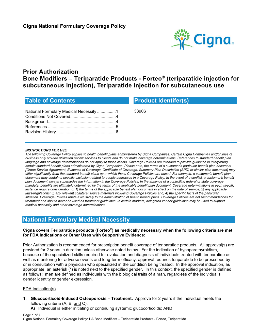 Prior Authorization Bone Modifiers – Teriparatide Products - Forteo® (Teriparatide Injection for Subcutaneous Injection), Teriparatide Injection for Subcutaneous Use