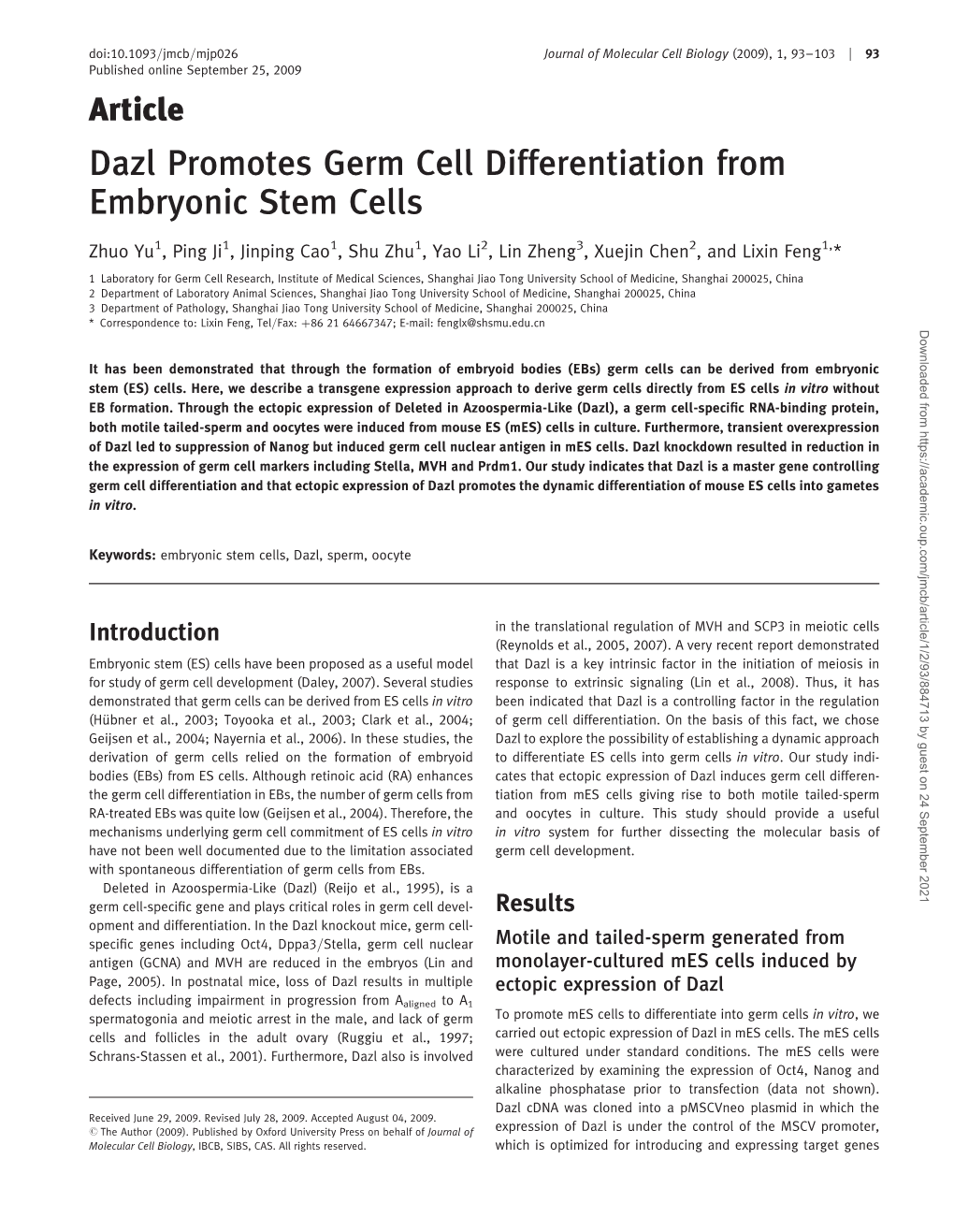 Dazl Promotes Germ Cell Differentiation from Embryonic Stem Cells