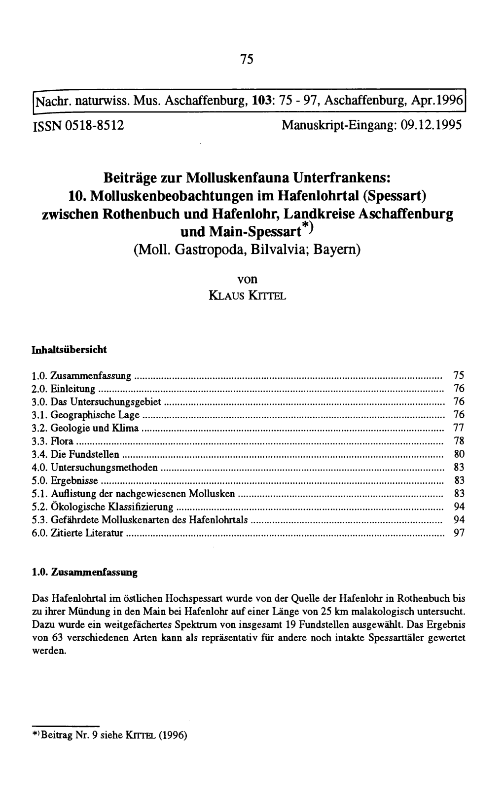 10. Molluskenbeobachtungen Im Hafenlohrtal (Spessart) Zwischen Rothenbuch Und Hafenlohr, Landkreise Aschaffenburg Und Main-Spessart*) (Moll