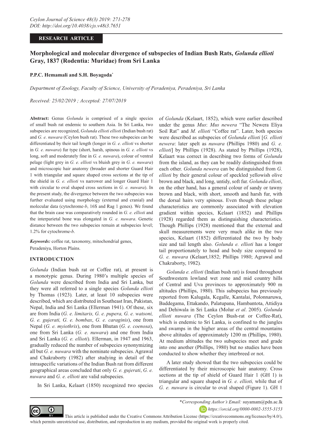 Morphological and Molecular Divergence of Subspecies of Indian Bush Rats, Golunda Ellioti Gray, 1837 (Rodentia: Muridae) from Sri Lanka