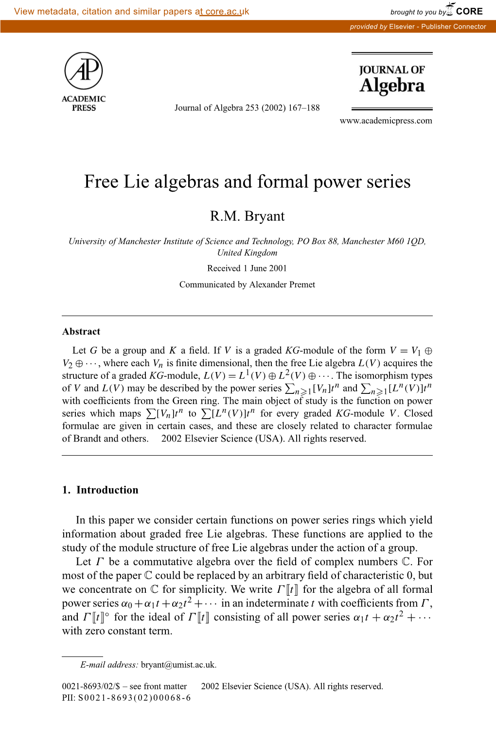 Free Lie Algebras and Formal Power Series