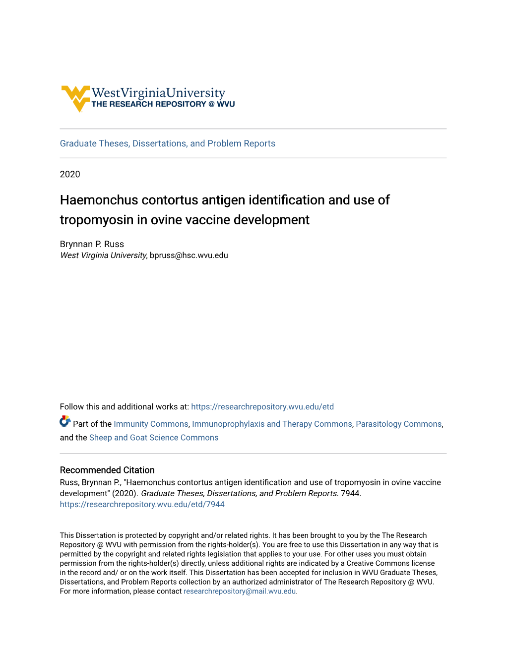 Haemonchus Contortus Antigen Identification and Use of Tropomyosin in Ovine Vaccine Development