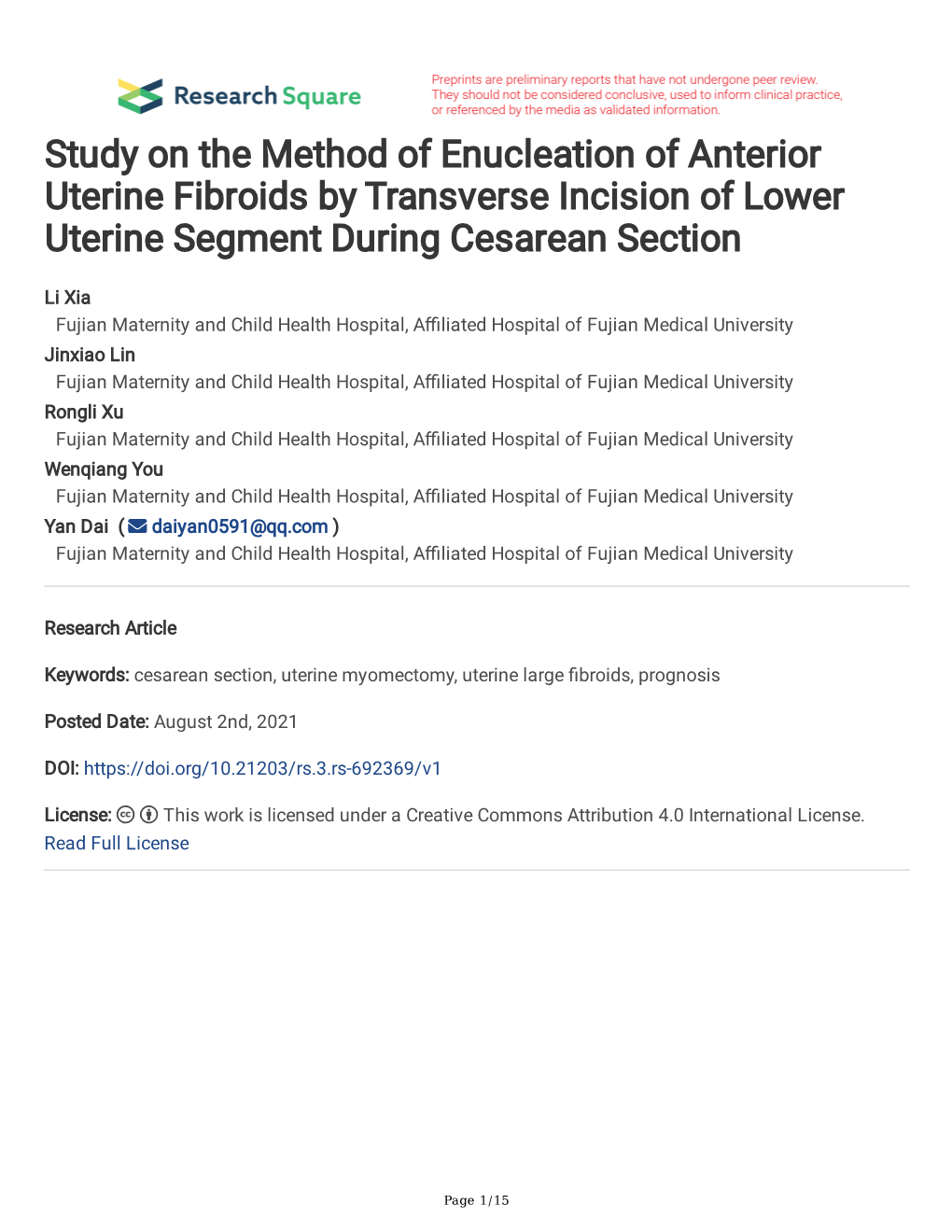 Study on the Method of Enucleation of Anterior Uterine Fibroids by Transverse Incision of Lower Uterine Segment During Cesarean Section