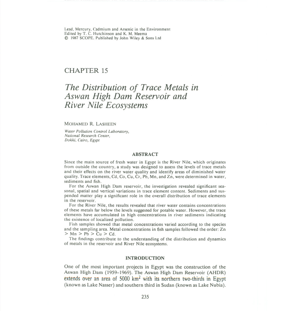 Chapter 15. the Distribution of Trace Metals in Aswan High Dam