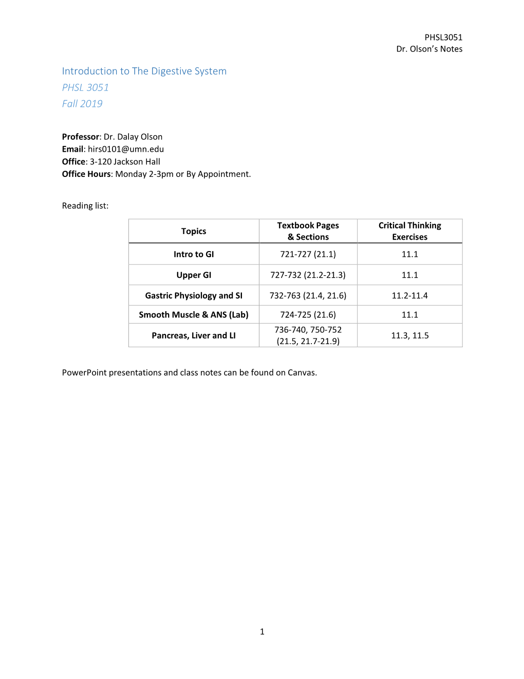 Introduction to the Digestive System PHSL 3051 Fall 2019