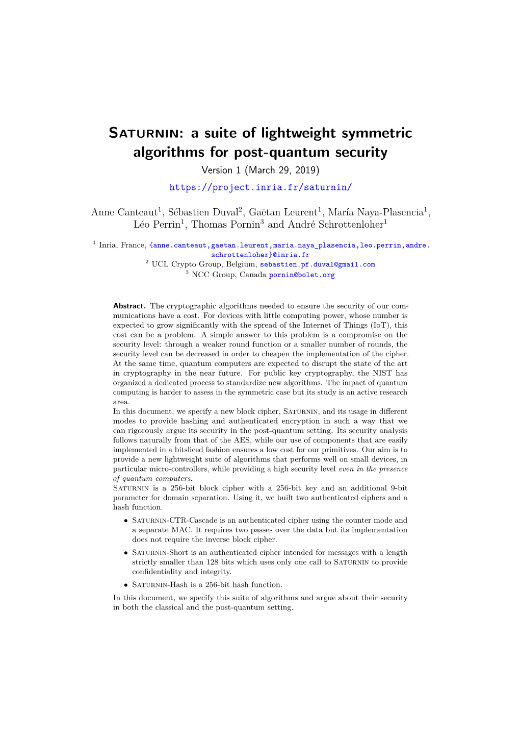 Saturnin: a Suite of Lightweight Symmetric Algorithms for Post-Quantum Security Version 1 (March 29, 2019)