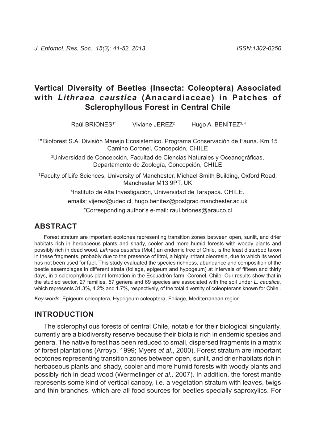 (Insecta: Coleoptera) Associated with Lithraea Caustica (Anacardiaceae) in Patches of Sclerophyllous Forest in Central Chile