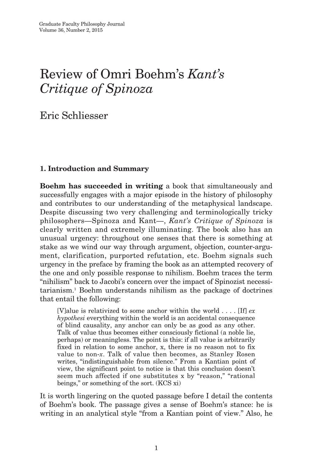 Review of Omri Boehm's Kant's Critique of Spinoza