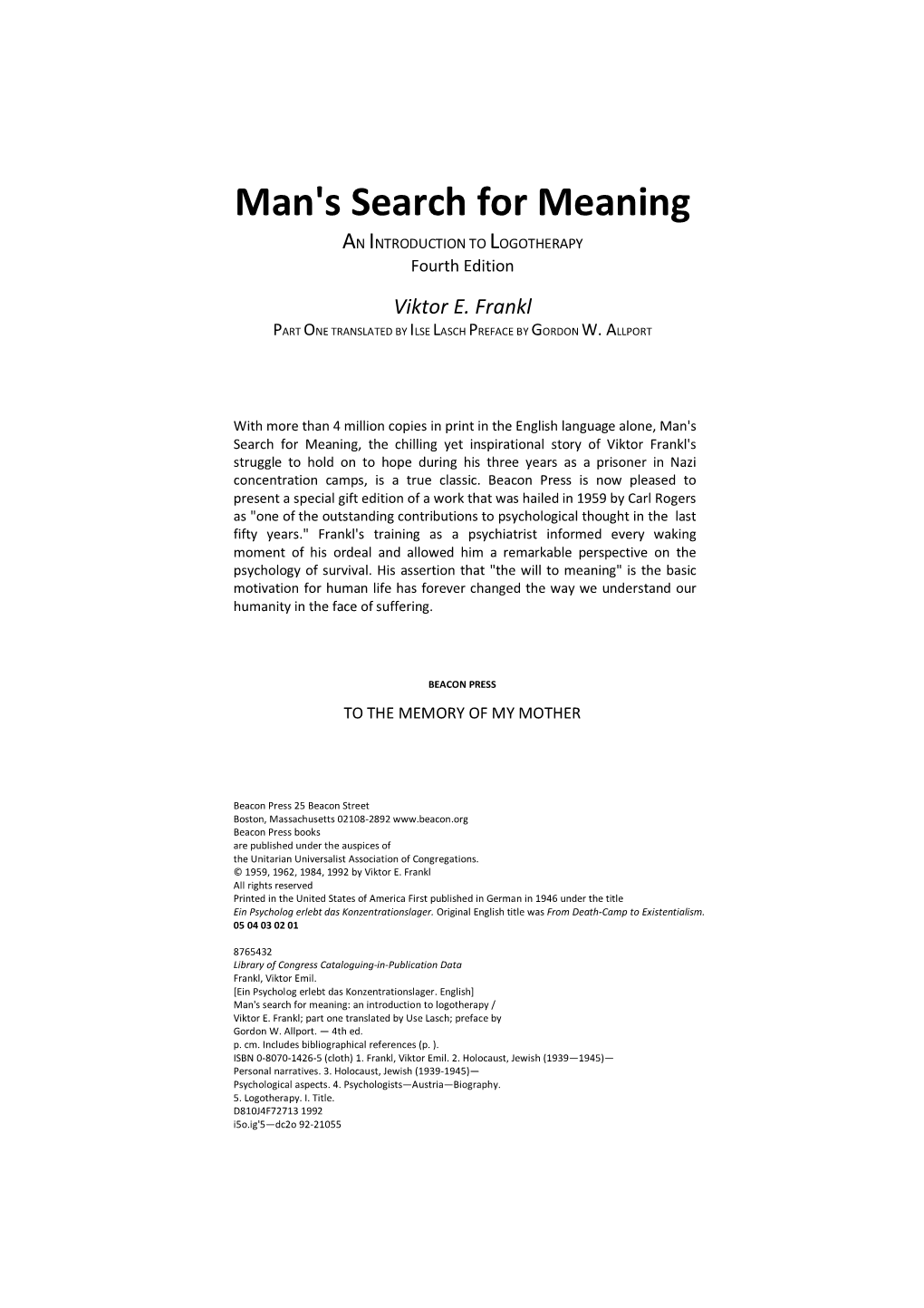 Man's Search for Meaning by Viktor Frankl