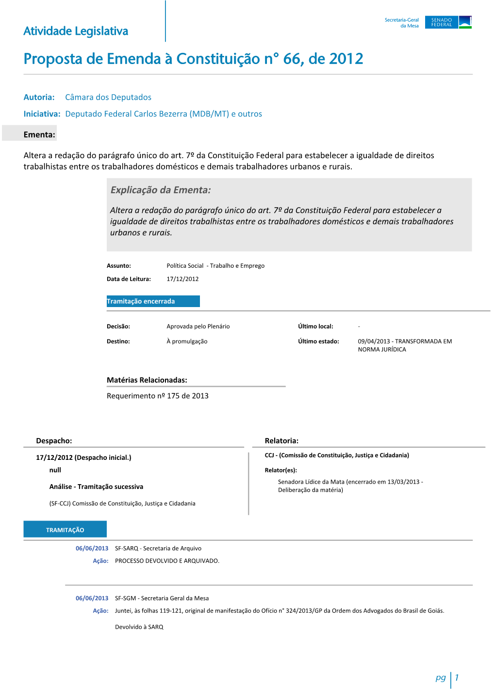 Atividade Legislativa Proposta De Emenda À Constituição N° 66, De 2012