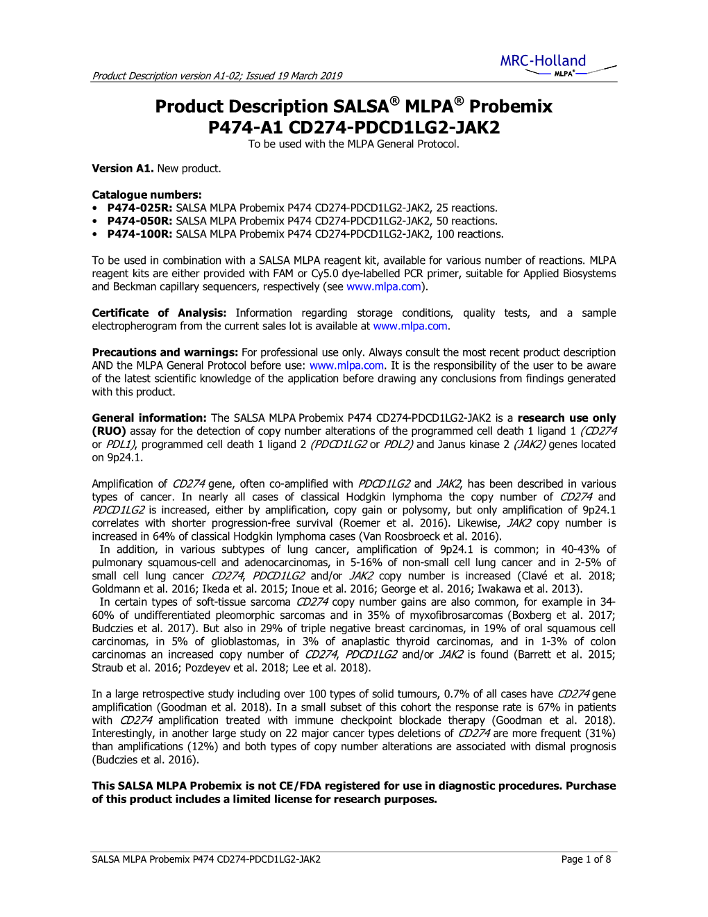 Product Description SALSA MLPA Probemix P474-A1 CD274