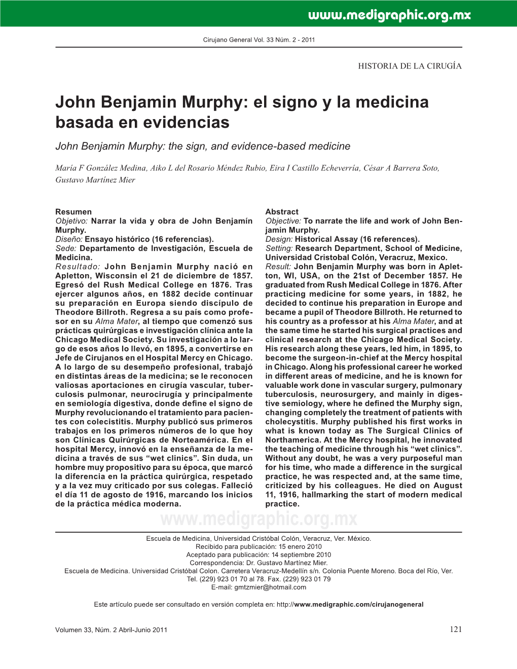 John Benjamin Murphy: El Signo Y La Medicina Basada En Evidencias John Benjamin Murphy: the Sign, and Evidence-Based Medicine