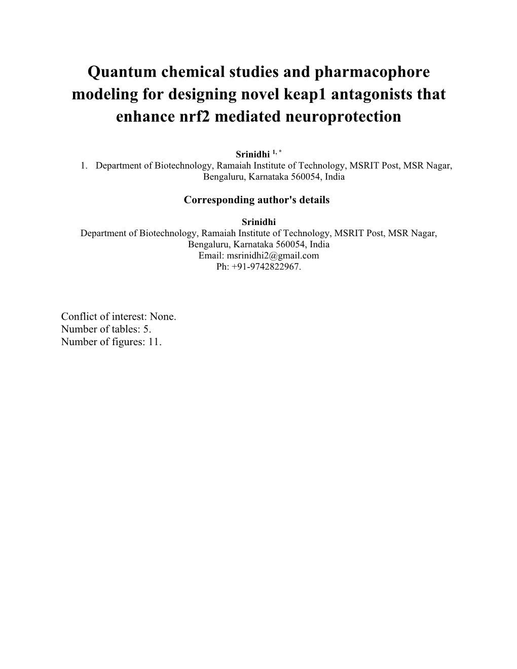 Quantum Chemical Studies and Pharmacophore Modeling for Designing Novel Keap1 Antagonists That Enhance Nrf2 Mediated Neuroprotection