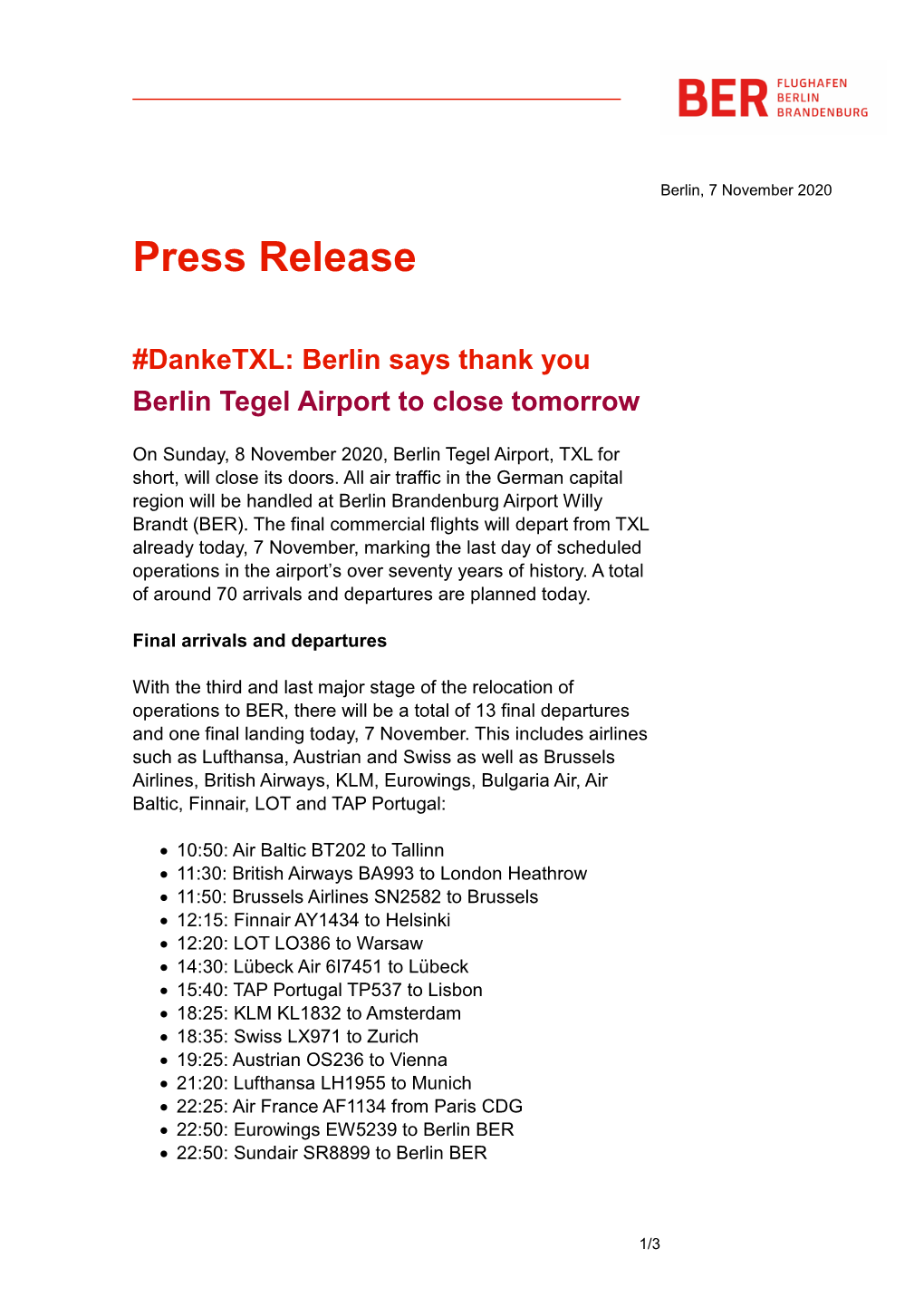 Press Release #Danketxl: Berlin Says Thank You Berlin Tegel Airport