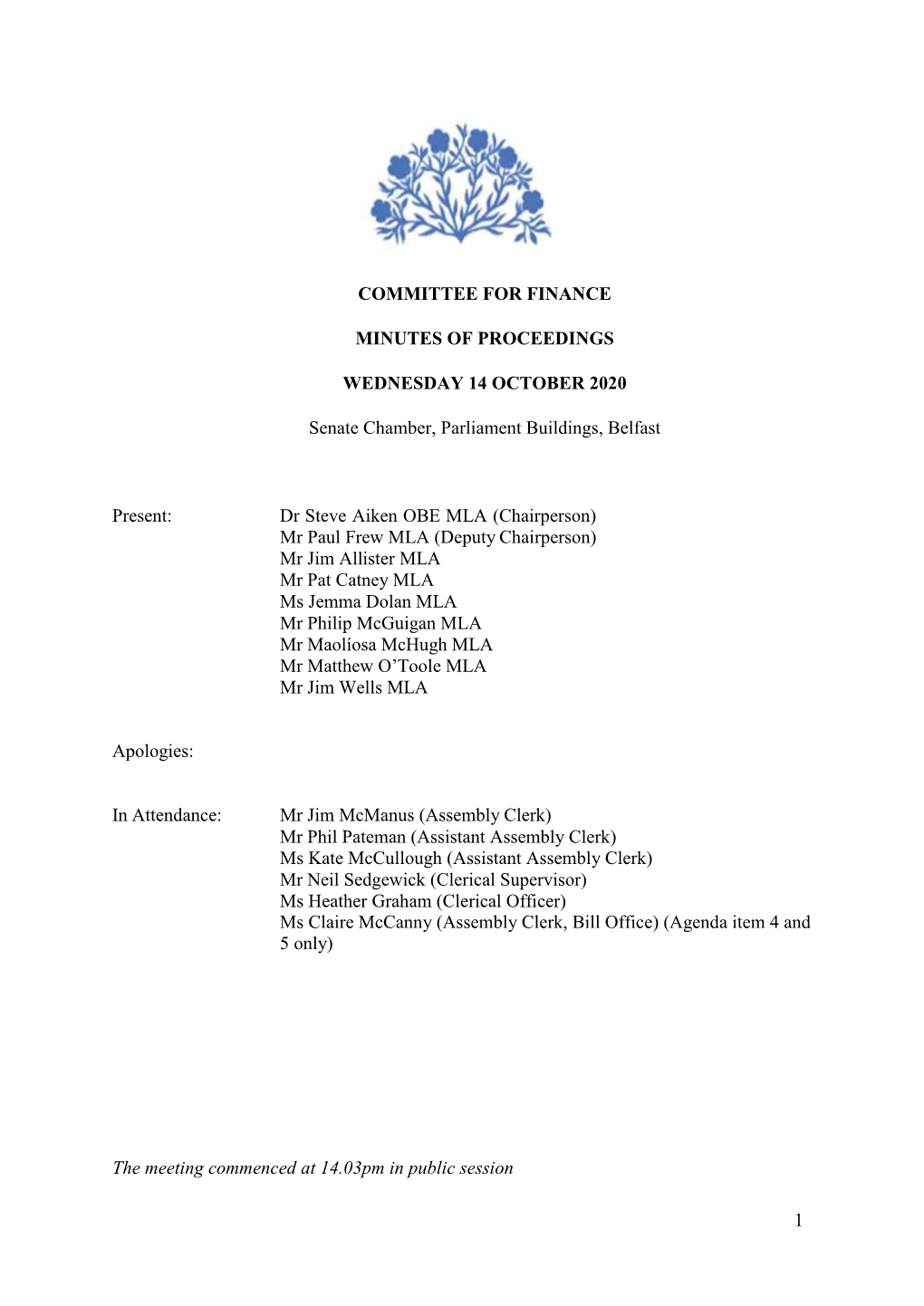 Committee for Finance Minutes of Proceedings 14 October 2020