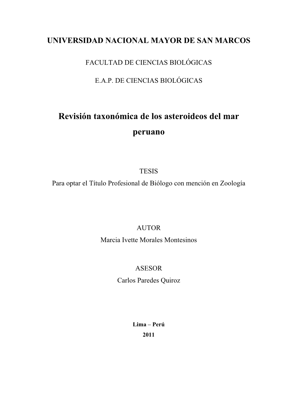 Revisión Taxonómica De Los Asteroideos Del Mar Peruano