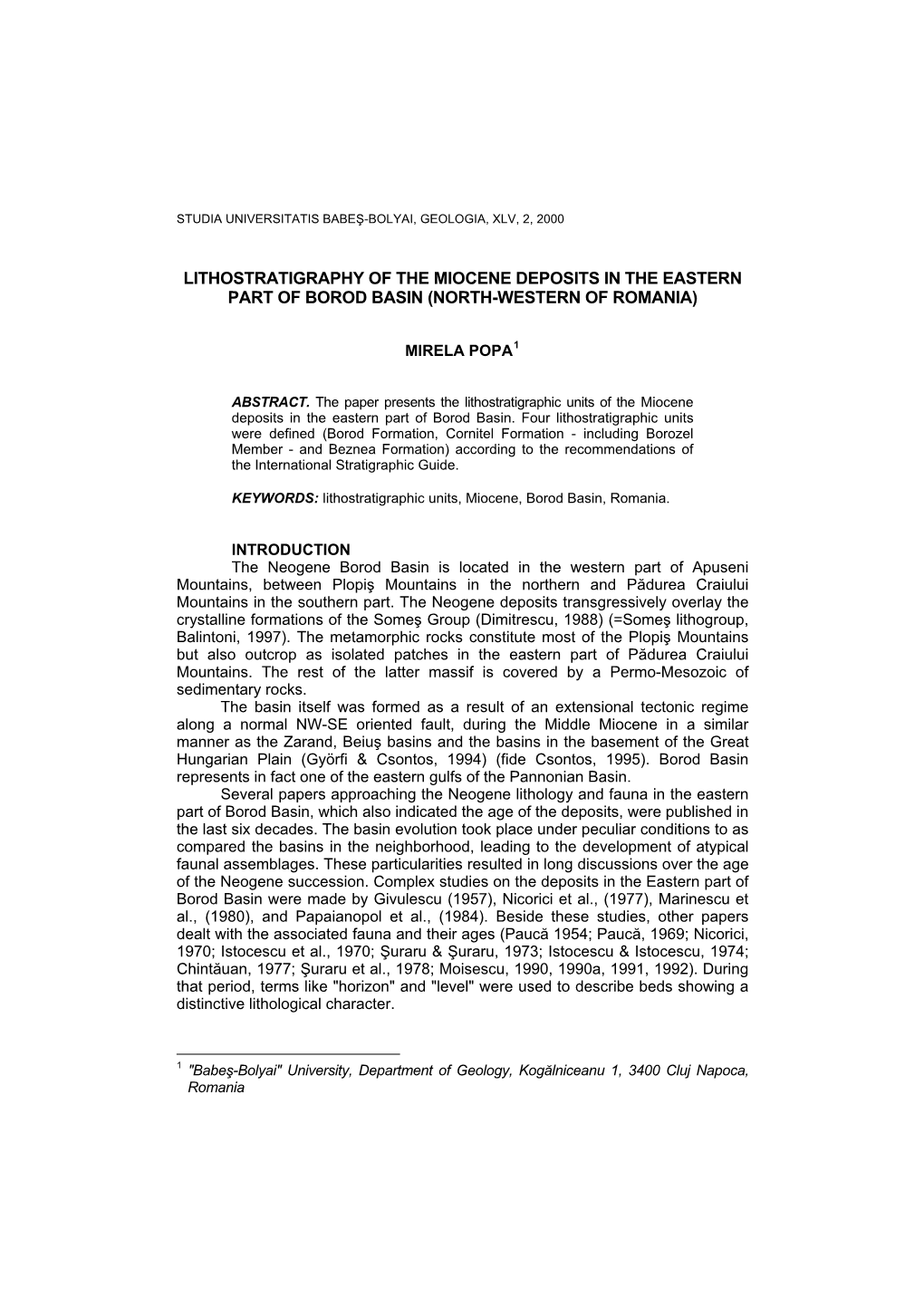 Lithostratigraphy of the Miocene Deposits in the Eastern Part of Borod Basin (North-Western of Romania)