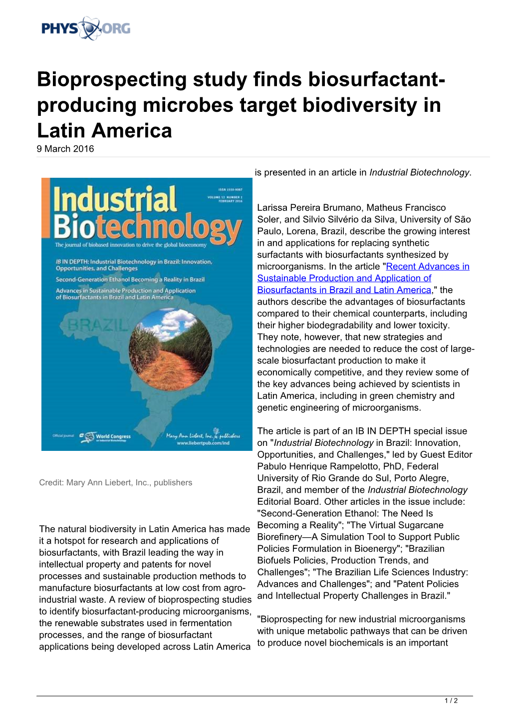 Bioprospecting Study Finds Biosurfactant-Producing