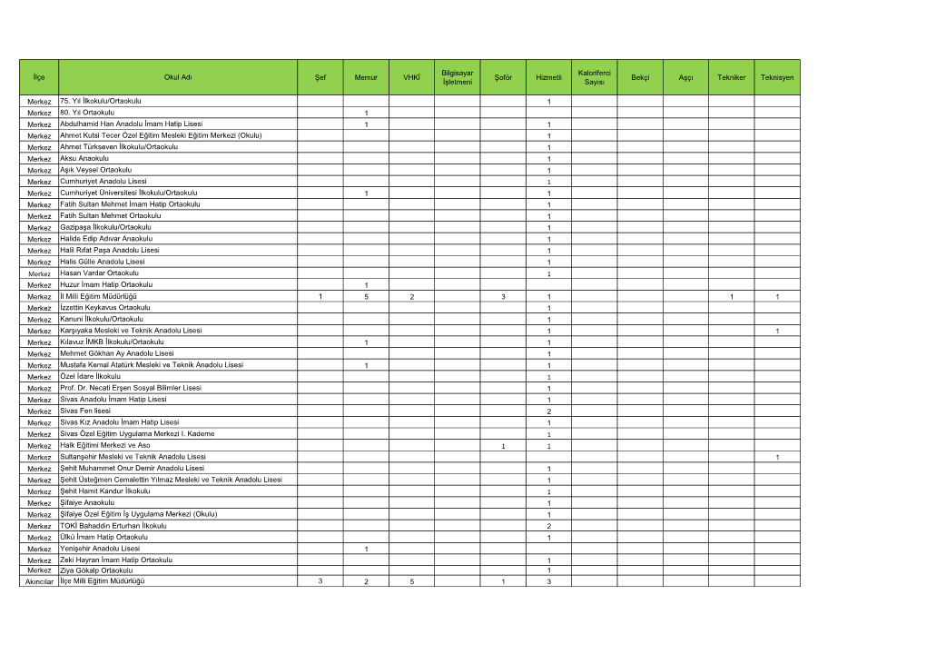 Şef Memur VHKİ Bilgisayar İşletmeni Şoför Hizmetli Kaloriferci Sayısı Bekçi Aşçı Tekniker Teknisyen Merkez 75