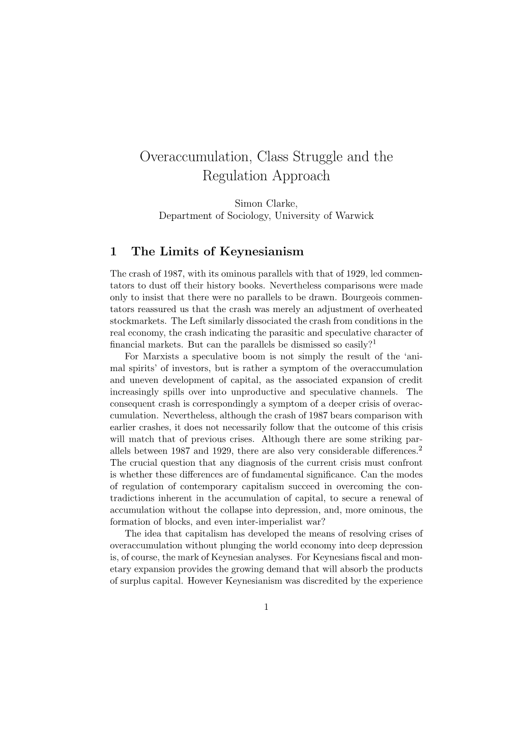Overaccumulation, Class Struggle and the Regulation Approach